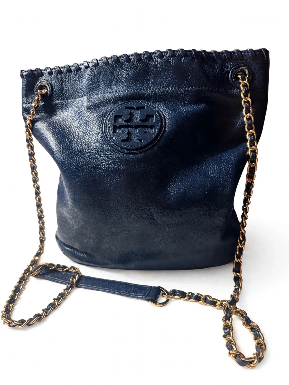 Tory Burch Marion Slouchy Chain Tote Midnight Blue Pebbled Leather